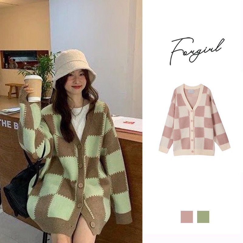 Áo khoác cardigan Forgirl họa tiết ô vuông lớn phối răng cưa