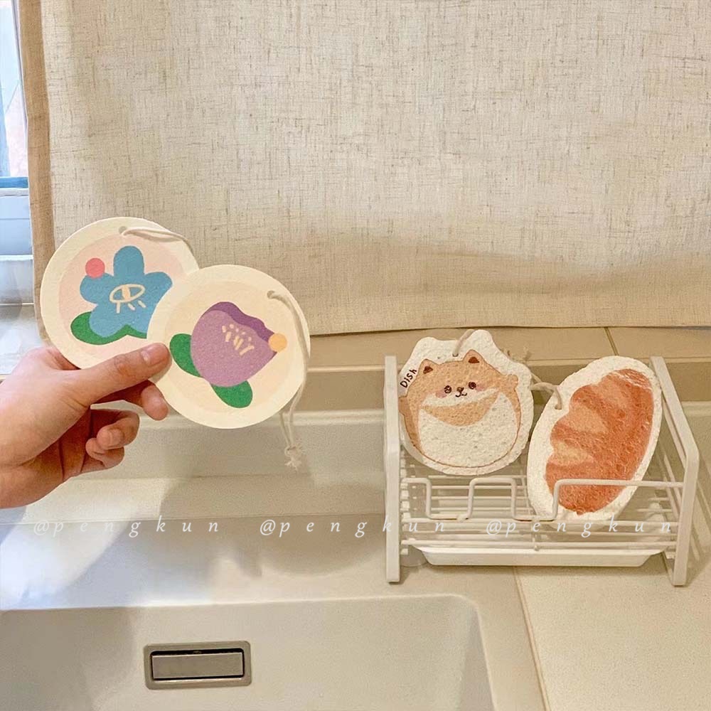 Miếng rửa chén dĩa bằng cotton bột gỗ hoạt hình thấm hút nước phong cách Hàn Quốc tiện dụng
