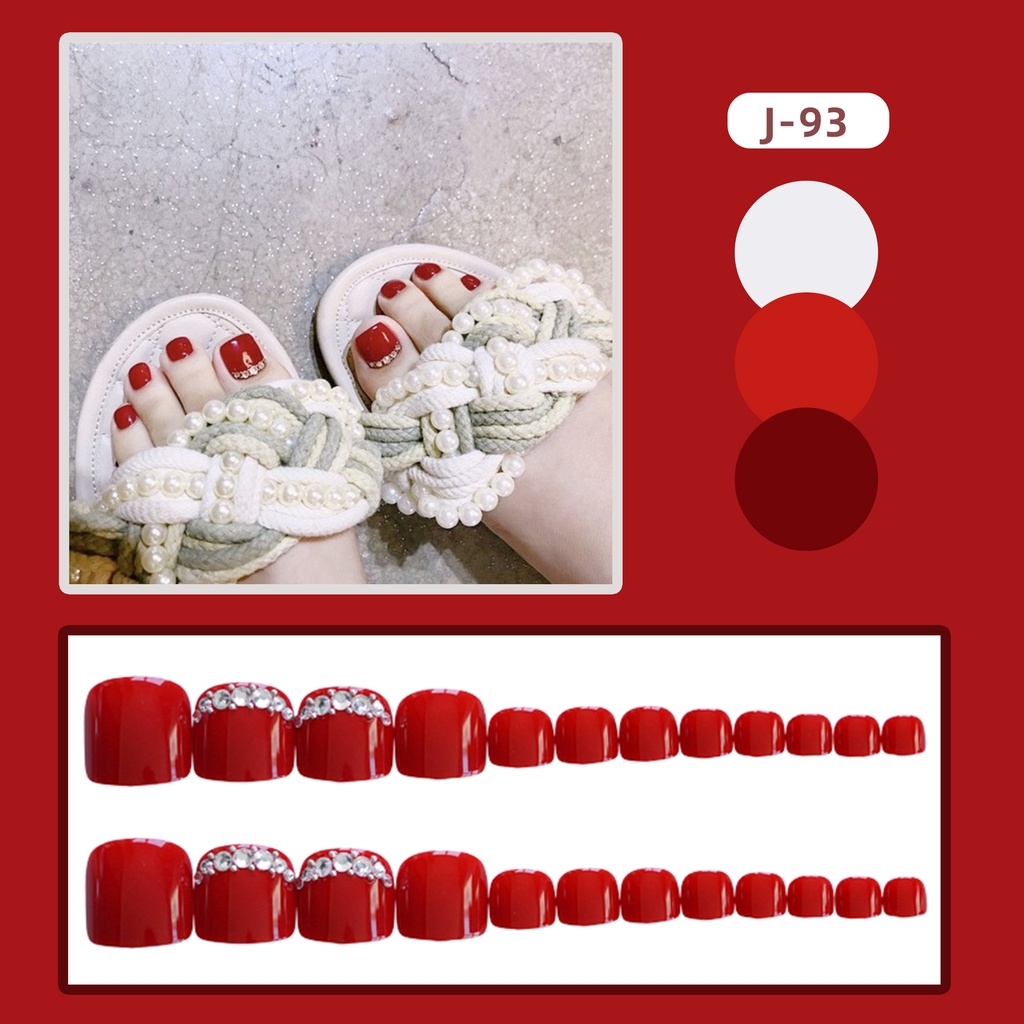 Set 24 móng chân giả màu đỏ đính đá trẻ đẹp JOJO J93 kèm keo gắn, tặng dũa tự làm tại nhà