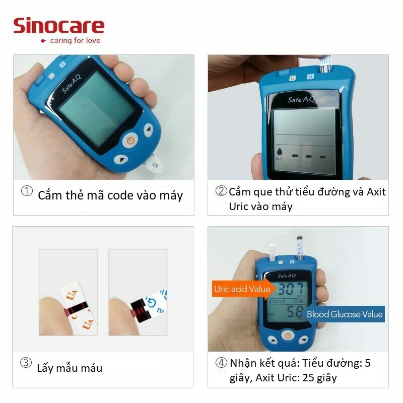 Máy đo đường huyết, Axit Uric 2 trong 1 Sinocare Safe AQ UG