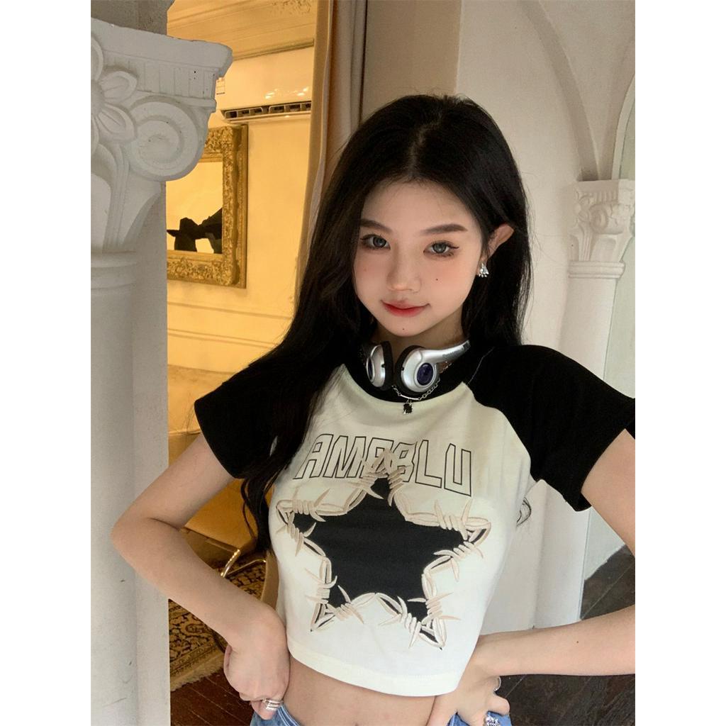 Áo Thun Ngắn Tay Thêu Chữ / Ngôi Sao Nhiều Màu Sắc Phong Cách Vintage Cho Nữ