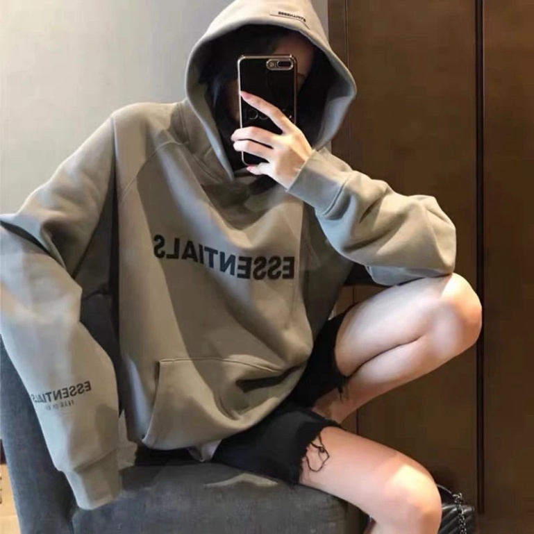 Áo hoodie nam nữ chữ ESSENTIALS màu đen trắng be xám đậm chất nỉ bông có mũ dài tay phong cách Ulzzang form rộng đồ đôi