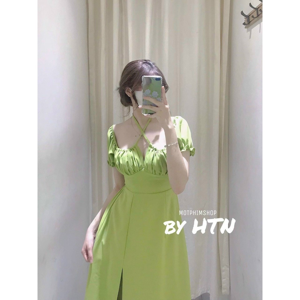 Đầm nữ maxi xẻ tà cổ yếm tay cột nơ xếp ly ngực ( có mút ngực ) thời trang nữ phù hợp mọi phong cách