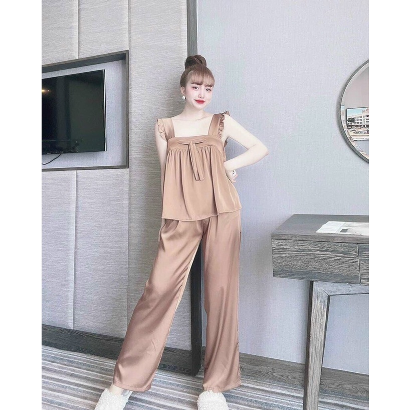 pijama lụa , đồ ngủ lụa tay tiên quần dài nơ ngực