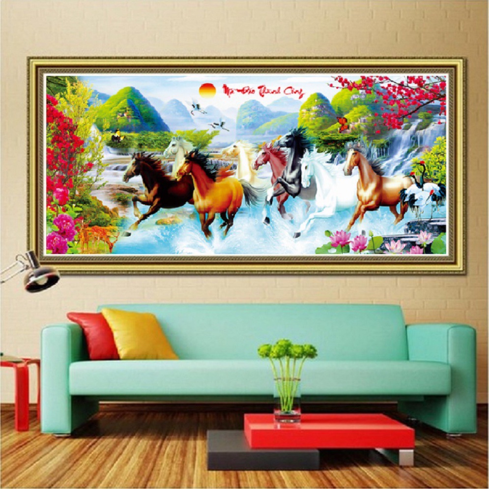 Tranh đính đá mã đáo thành công KT:200x90cm. Tranh gắn đá chưa gắn.