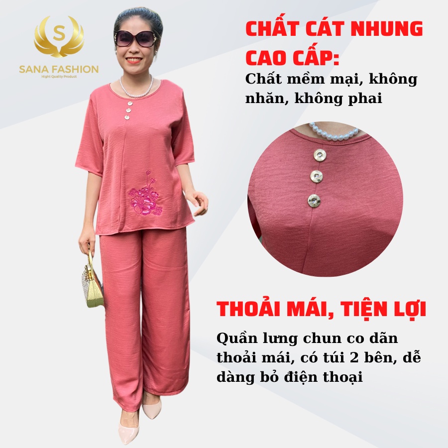 Đồ Bộ Trung Niên Nữ Set bộ Mặc Nhà Sang Trọng Cho Mẹ chất Cát Nhung thêu hoa PT.01