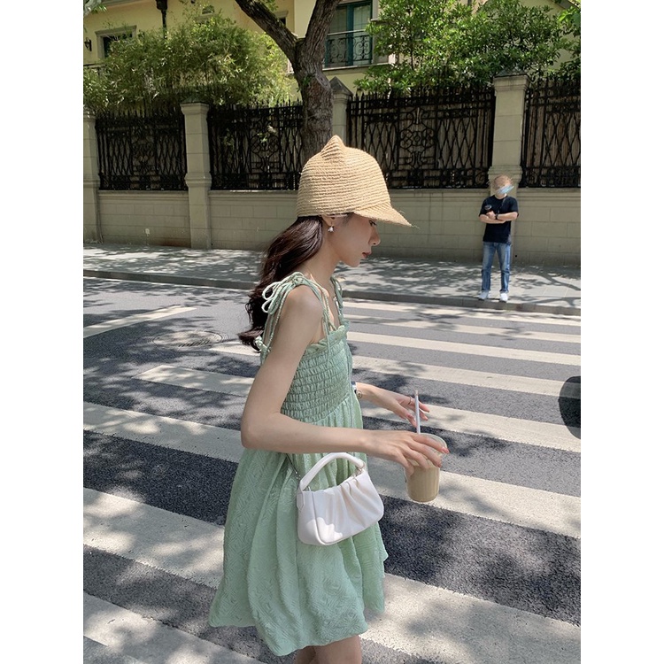 V001 - Váy hai dây thắt nơ chun ngực viền bèo Ulzzang dáng xòe xinh xắn đầm voan mềm  Hàn Quốc cá tính phong cách