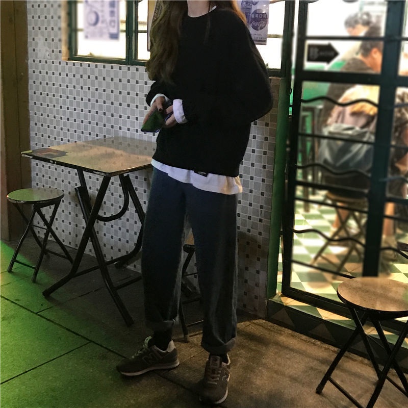 Áo sweater dáng rộng IELGY tay dài cổ tròn phong cách Hàn Quốc thời trang cho nữ