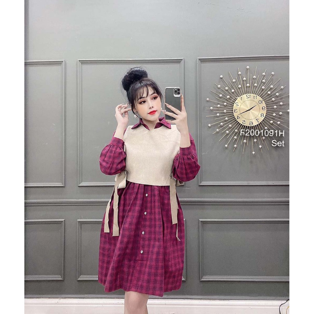 Set đầm caro cổ bẻ tay dài phối áo gilê dạ cột nơ hai bên!