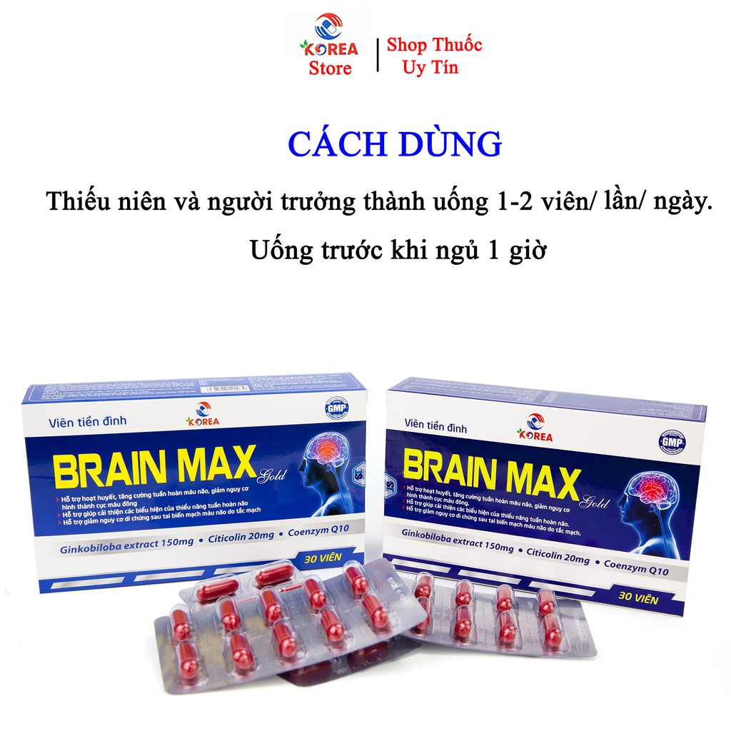 Bổ não BRAIN MAX  gold viên uống bổ não hỗ trợ giảm nguy cơ di chứng sau tai biến do tắc mạch máu não, hộp 30 viên