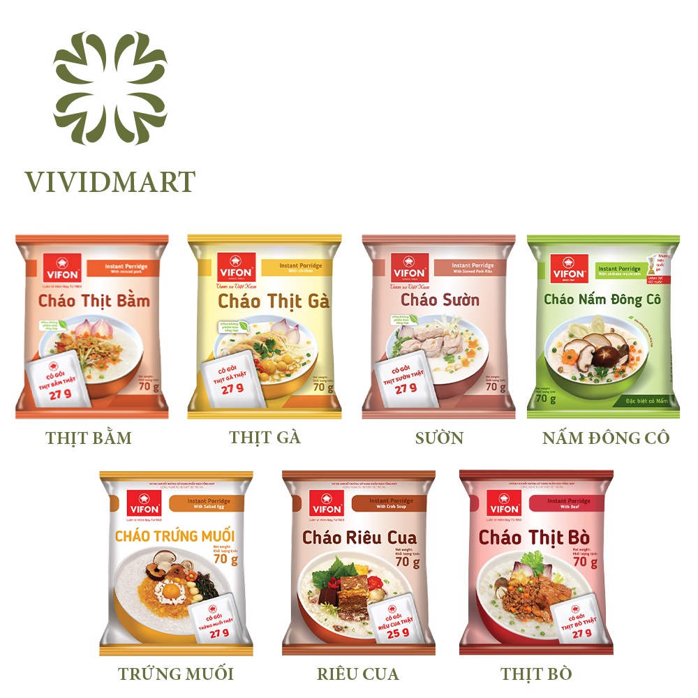 CHÁO ĂN LIỀN VIFON 70g/GÓI THỊT BẰM / GÀ / SƯỜN / BÒ / NẤM ĐÔNG CÔ / TRỨNG MUỐI / RIÊU CUA