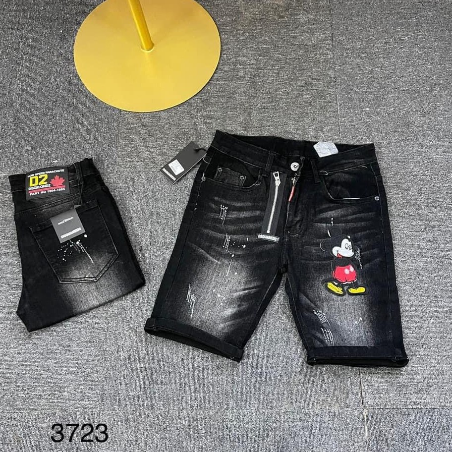 Quần short jean nam màu xám đậm in chữ hiệu. rách cá tính, vải dày dặn co giãn bốn chiều form regular