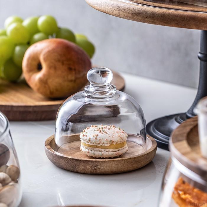 Đĩa Đựng Bánh Tráng Miệng Bằng Gỗ Kèm Nắp Kính