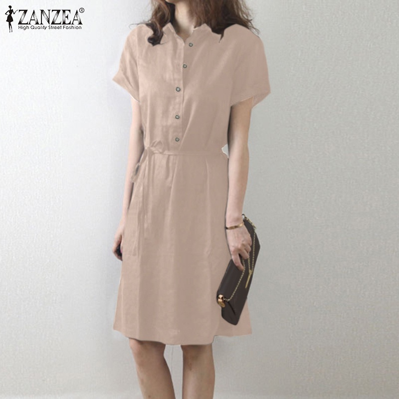 ZANZEA Đầm Midi Ngắn Tay Cổ Bẻ Cài Nút Trước Thời Trang Cho Nữ