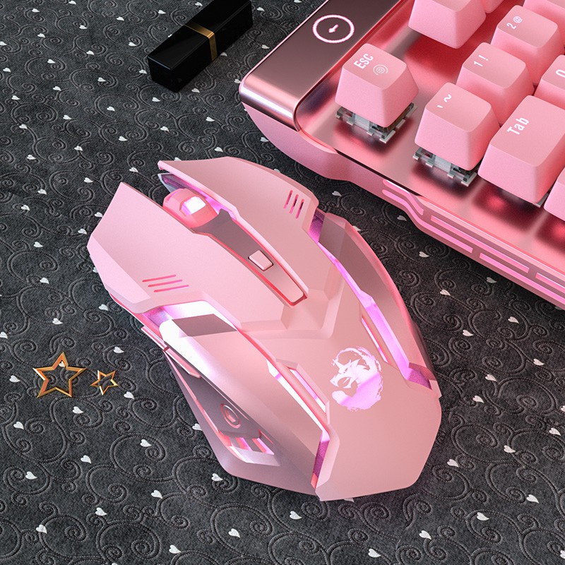 Chuột không dây máy tính cơ Gaming màu hồng con LED chống ồn dễ thương có đèn Siêu Phẩm dành cho nữ chơi game thủ chuột