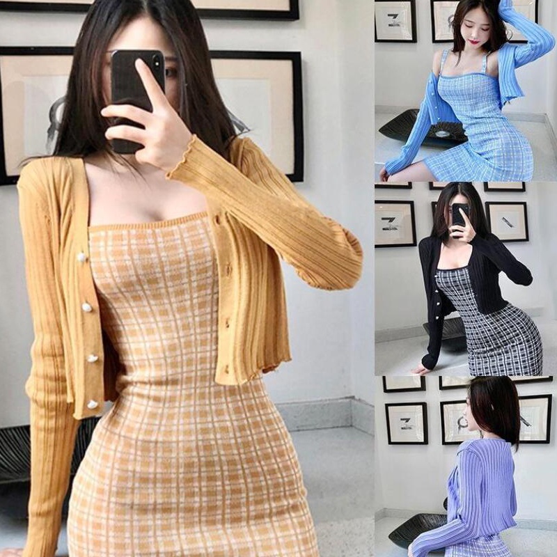 Áo Croptop Dệt Kim Tay Dài Phối Nút Thiết Kế Cổ Chữ V Quyến Rũ Quần áo nữ