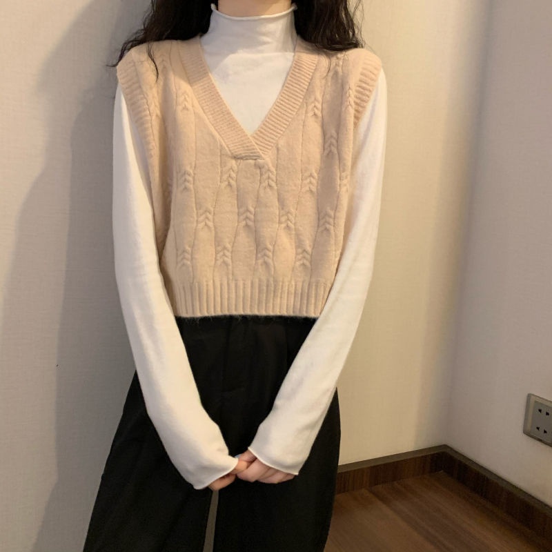 Áo Dệt Kim Sát Nách Cổ Chữ V Màu Sắc Trơn Phong Cách Hàn Quốc Cho Nữ