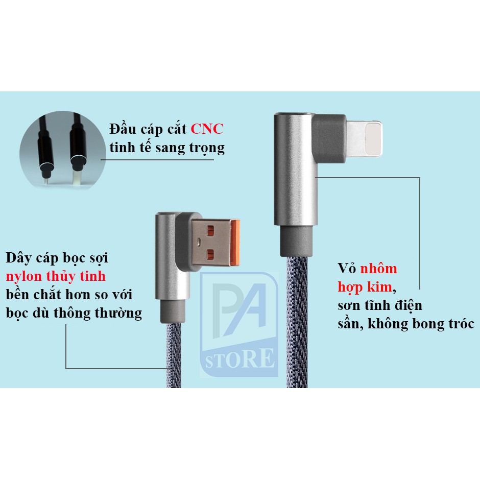 Cáp Sạc Siêu Tốc (Q.C 3.0) Micro USB APPACS, Dài 2m, Đầu Chữ L Chống Vướng Tay