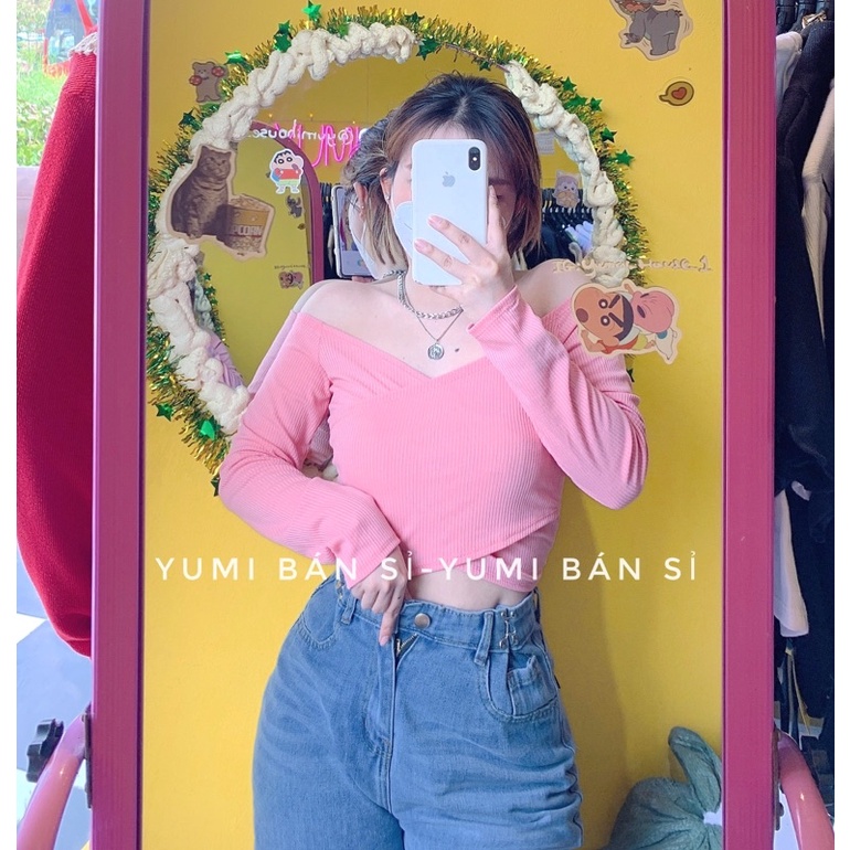 Áo Croptop Tay Dài Đắp Chéo Chất Thun Gân Kiểu Mới YUMI BÁN SỈ Áo Dài Tay Trễ Vai Đắp Chéo Siêu Hot 2022
