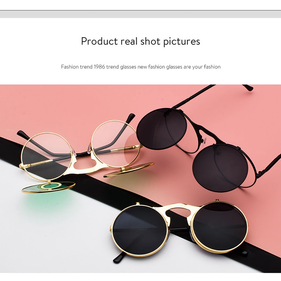 Kính Mát Gọng Kim Loại Lật Tròng Tròn Phong Cách Punk Vintage Thời Trang Cho Nam Nữ
