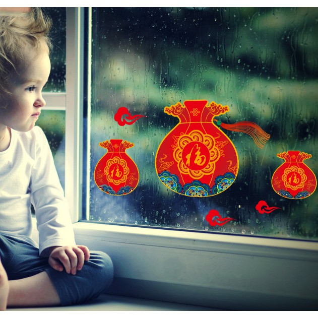 Decal trang trí Tết - Tứi lớn 3 cái đỏ