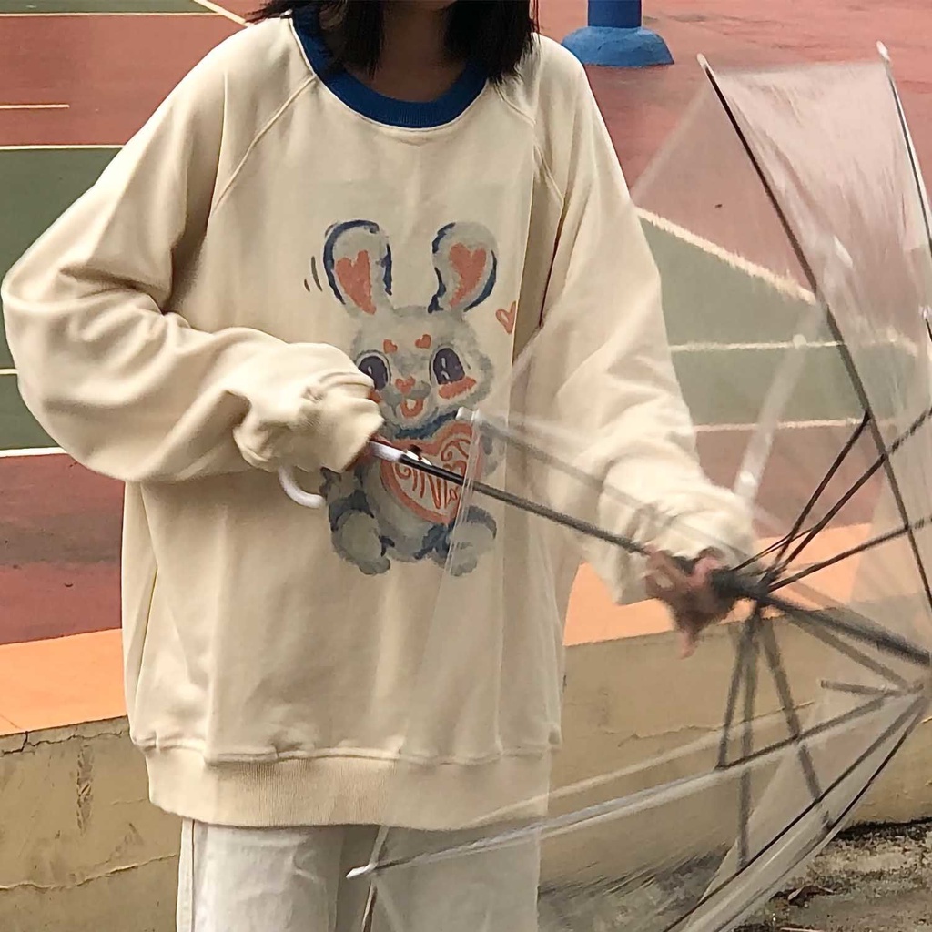 Áo Sweater Tay Dài Cổ Tròn Dáng Rộng In Hình Thỏ Dễ Thương Thời Trang Xuân Thu Cho Nữ