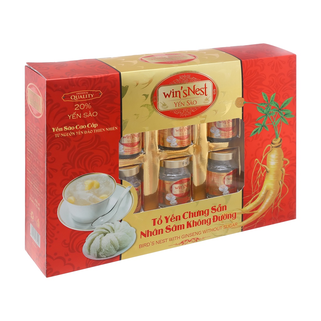 Thùng 6 hộp Yến Sào Win'snest Tổ Yến Chưng Sẵn Nhân Sâm Không Đường 20% (6 lọ x hộp)