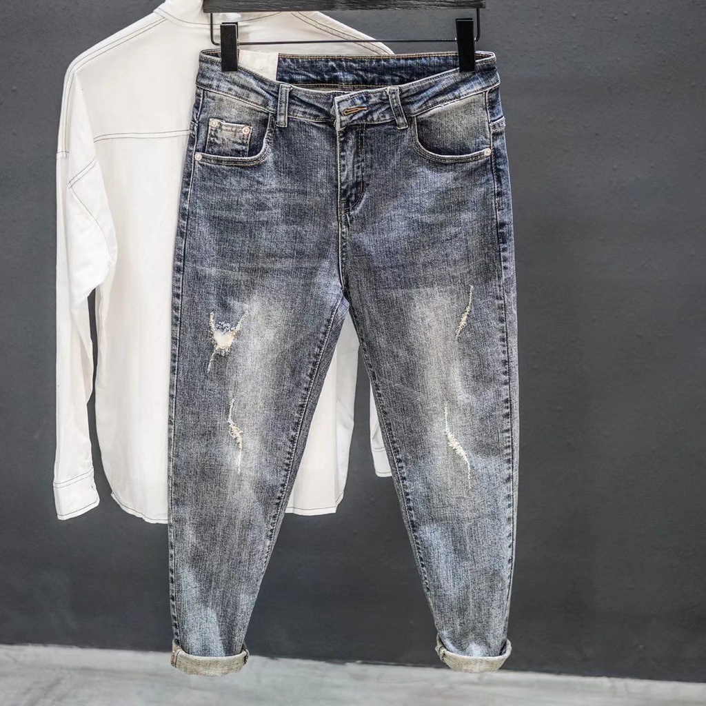 Quần Jeans 9 Tấc Dáng Ôm size Lớn Phối Vết Rách Phong Cách Retro Cho Nam