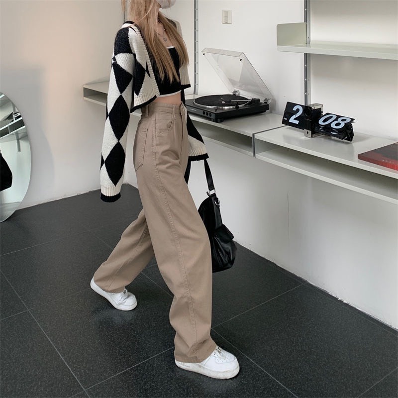 Quần jean nữ màu nâu sữa lưng cạp cao ống suông dài phom rộng chất đẹp loại 1 phong cách Ulzzang đi học đi làm đi chơi | BigBuy360 - bigbuy360.vn