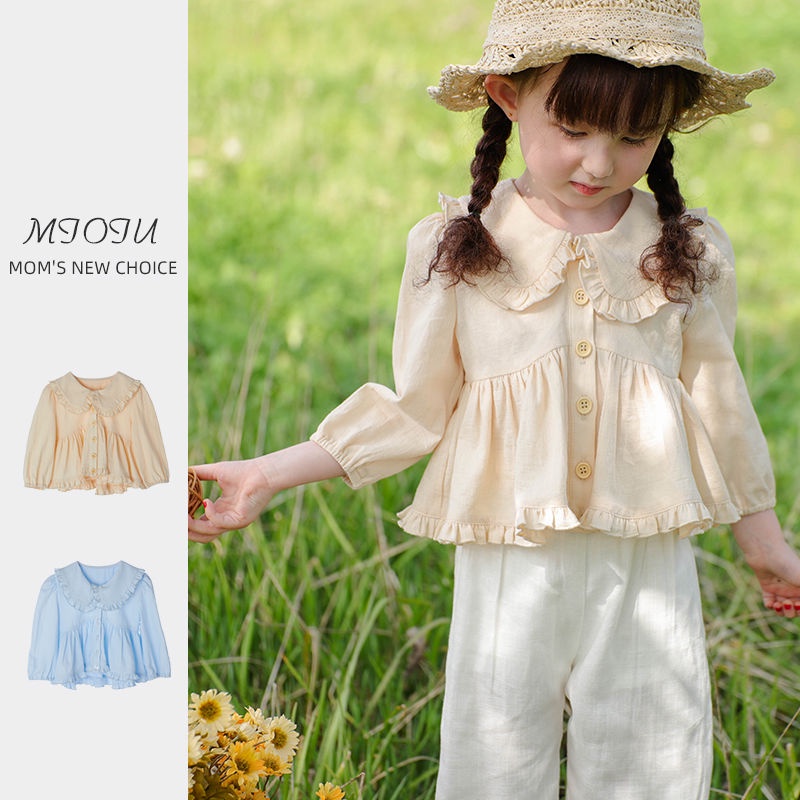 Áo Sơ Mi Tay Dài Cổ Búp Bê Phối Ren Thời Trang Xuân Thu Kiểu Pháp Mới Cho Bé Gái