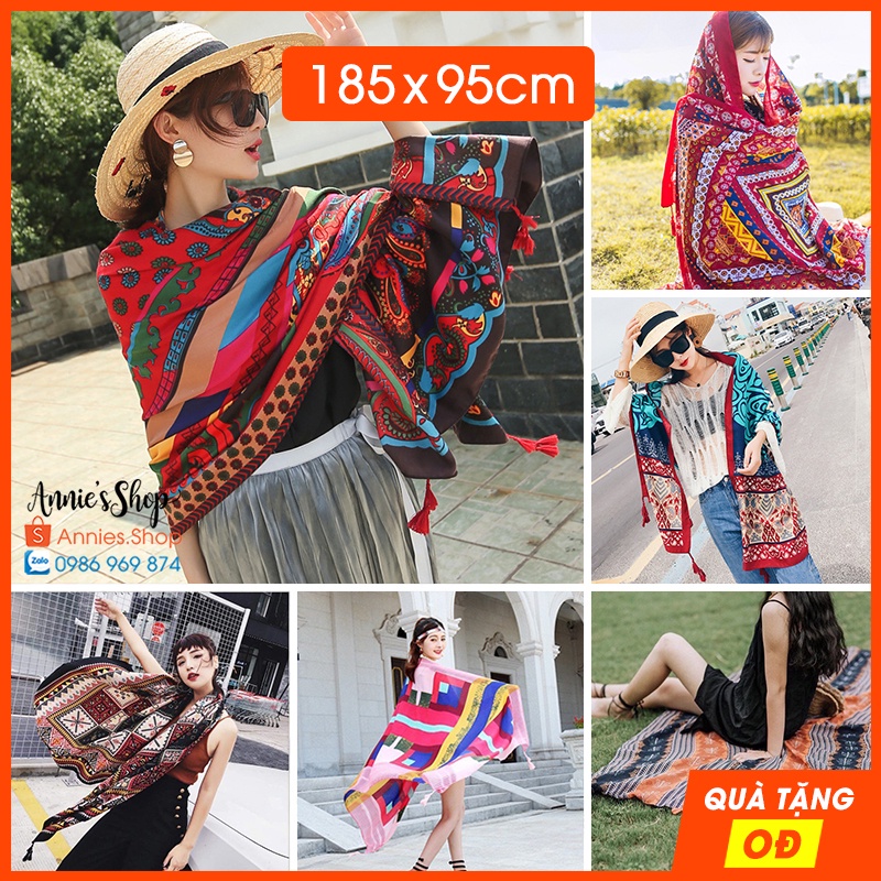 P1 Khăn choàng đi biển phong cách Bohemian thổ cẩm khổ siêu to chất đũi kiểu mỏng nhẹ chống nắng đa năng vintage KH033