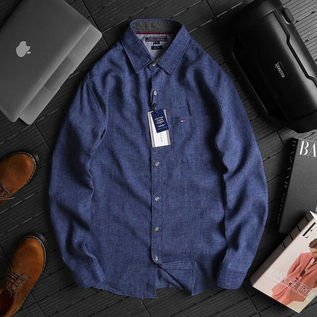 Áo sơ mi nam tay dài màu trơn có túi vải đũi Linen phom Slim Fit chuẩn VNXK - TM