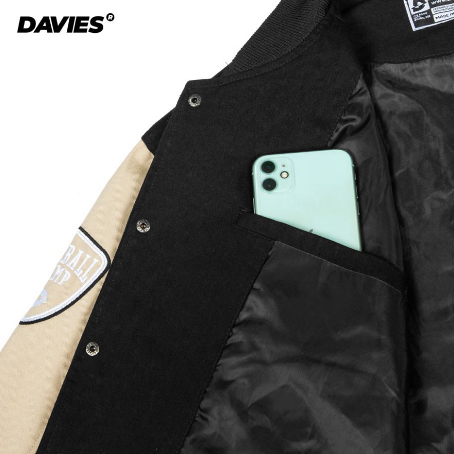 Áo khoác bomber bóng chày thêu chữ Davies - Beige Varsity Baseball Academy Bomber