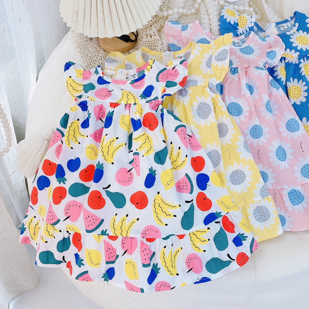 Váy bé gái hoa hướng dương tay hến sắc mầu XHN960