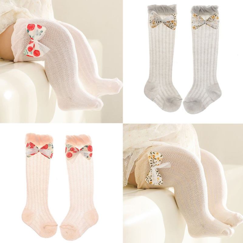 Tất Lưới Mỏng Dài Qua Gối Đính Nơ In Hoa Dễ Thương Cho Bé Gái Sơ Sinh