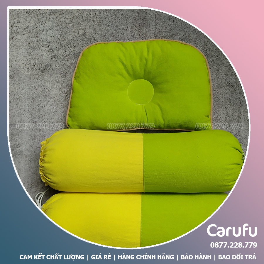 Bộ Nệm Gối cho bé sơ sinh CARUFU | Nệm + Gối Lõm + 2 Gối Ôm | Cotton Thắng Lợi và CARA siêu êm mát và giặt máy thoải mái