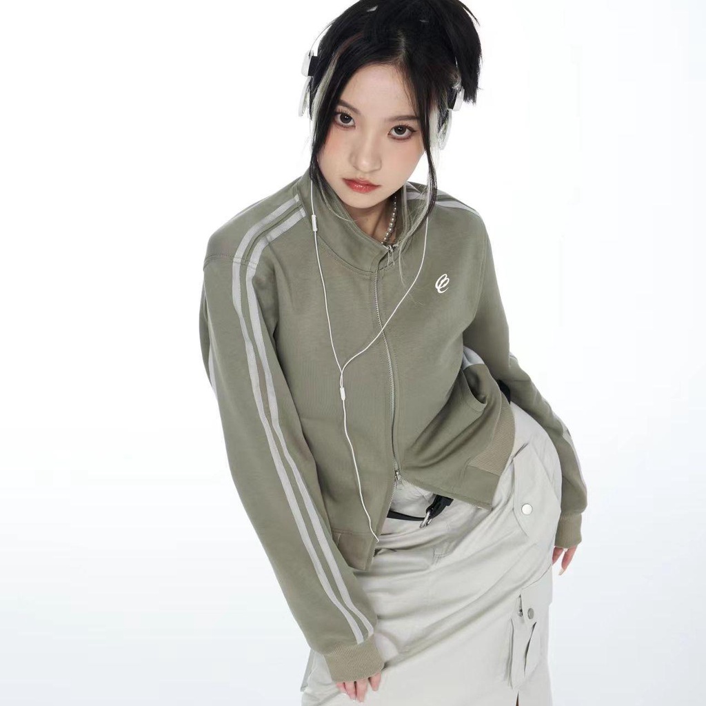 [Cotton Tinh Khiết] Áo Khoác Thể Thao Phối Hai Khóa Kéo Đôi Phong Cách Retro Mỹ Thiết Kế Sense E