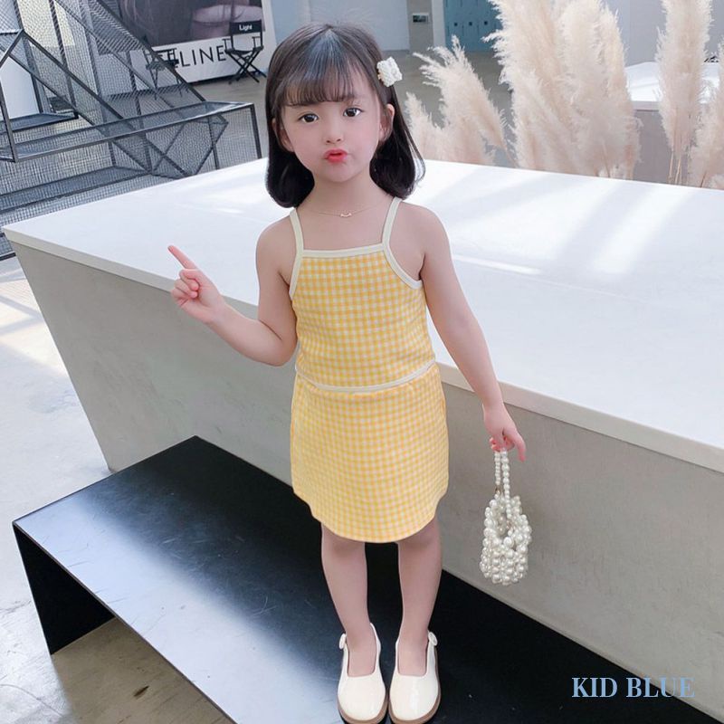 Set Áo Thun Ngắn Tay + Chân Váy Yếm Kẻ Sọc Thời Trang Cho Bé Gái