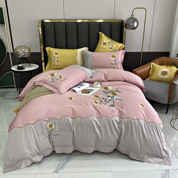 Bộ chăn ga gối lụa 60s Lidaco thêu hoạ tiết hoa hướng dương cao cấp