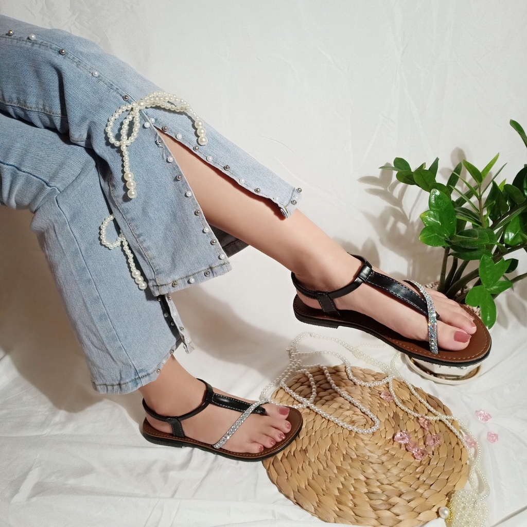 Giày sandal nữ kẹp xỏ ngón đính đá sành điệu trẻ trung quai chun co giãn hình chụp thật-TB Kẹp đá