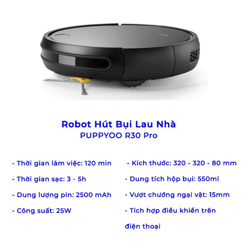 Robot hút bụi lau nhà PUPPYOO R30 Pro, lực hút máy hút bụi mạnh 12000Pa, diện tích làm sạch 120m2_Vimart