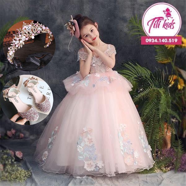 Đầm Công Chúa Bé Gái TiTiKids Hồng Tầng Eo Cao Cấp CC061