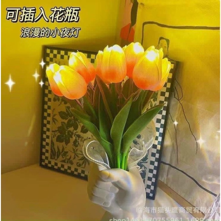 Bó 10 cành hoa tuylip đèn LedFREESHIPHoa phát sáng,Hoa lụa giả kèm nơ xinh Decor trang trí nhà cửa siêu xinh