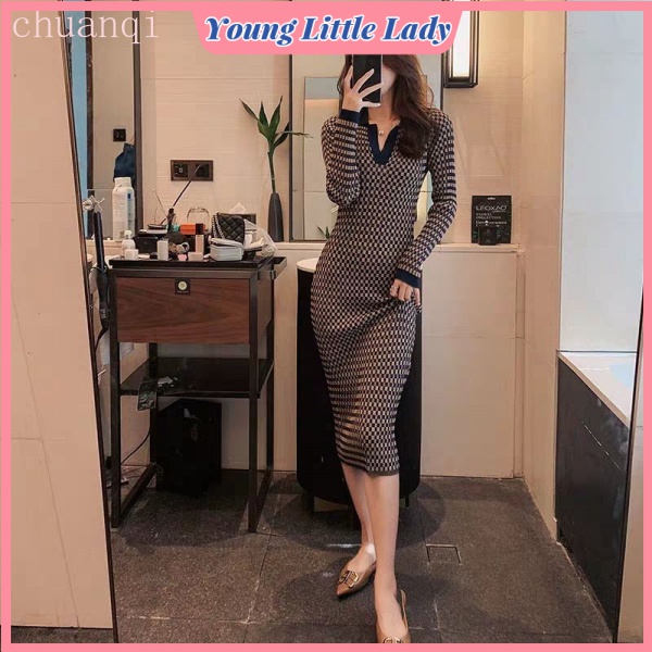 Đầm Dệt Kim Tay Dài Cổ Polo Dáng Ôm Thời Trang Mùa Thu Dành Cho Nữ
