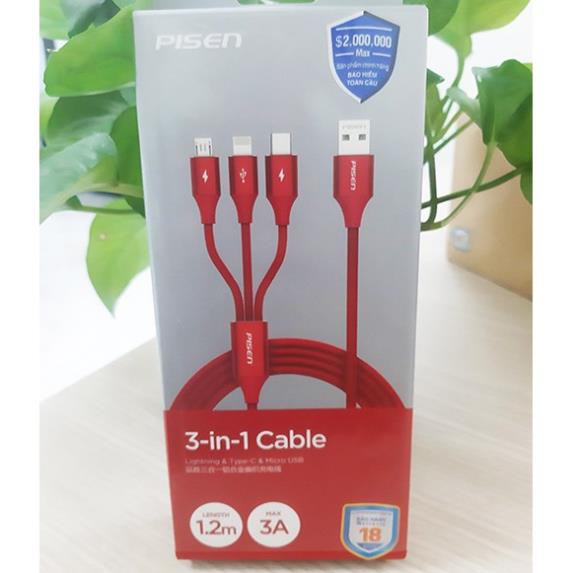 Cáp Pisen 3-in-1 (Lightning & Type-C & Micro USB ) Aluminum alloy braided 1,2m - Hàng chính hãng