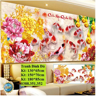 tranh đính đá cá chép hoa mẫu đơn kim sắc kt 150x70cm