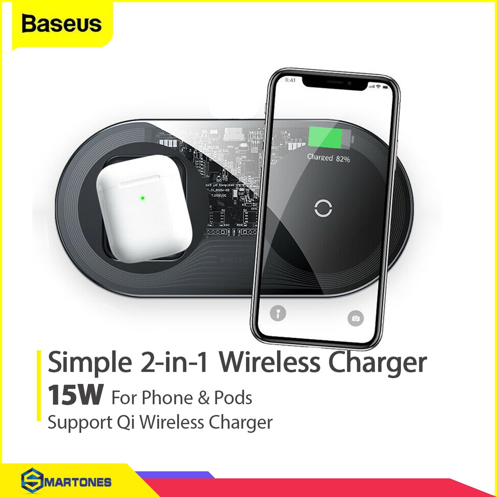 Bộ sạc không dây Baseus Simple 2 in 1 cống suất 15W sạc 2 thiết bị đồng thời và Airpods cho iP, Samsung, Huawei...