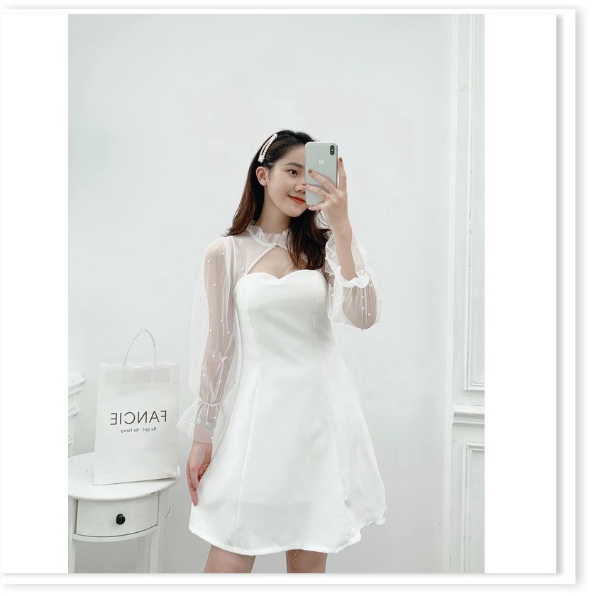 Đầm nữ tay dài phối lưới cổ tàu thời trang dự tiệc dạo phố ( có mút ngực ) T63