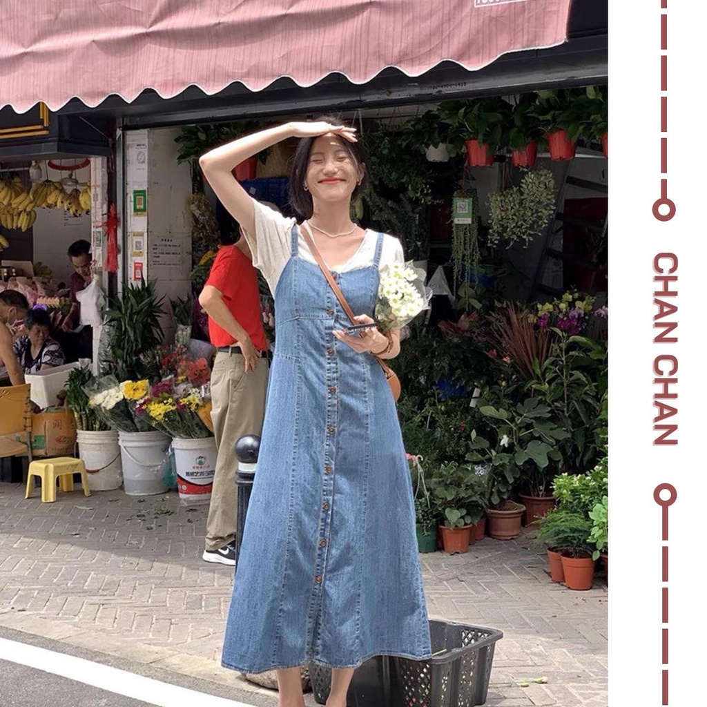 Váy Yếm JEAN Dáng Dài Chữ A Phong Cách Ulzzang, Váy Yếm Bò 2 Dây Demin