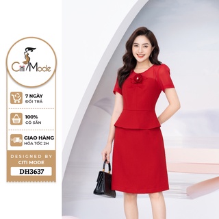Đầm công sở CITI MODE FASHION thiết kế dáng peplum đỏ phối tay voan DH3637